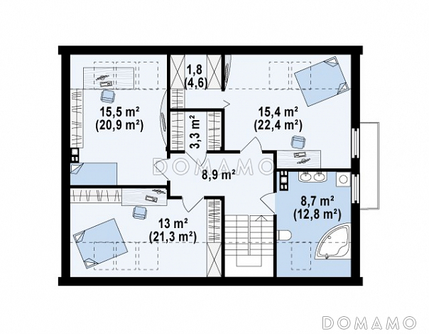 Проект одноэтажного мансардного дома из газобетона со стеклянным эркером в кухонной зоне, балконом над ним и гаражом / План мансардного этажа