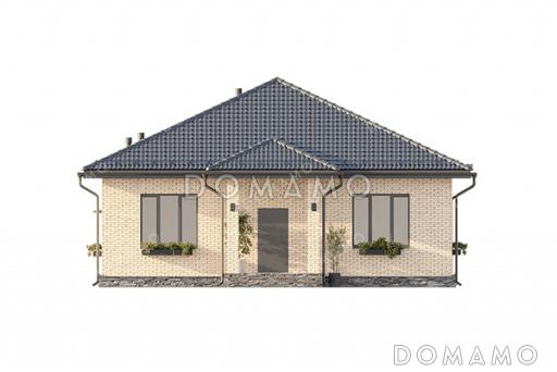 Проект компактного одноэтажного дома с большой террасой, вальмовой кровлей и двумя санузлами / Фасад 4