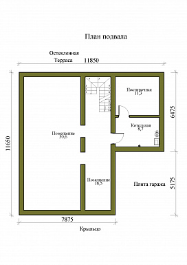 Проект двухэтажного дома с подвалом, гаражом и верандой / План цокольного этажа