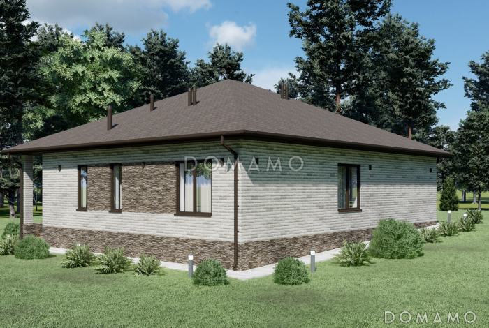 Проект одноэтажного дома со вторым светом для неровного участка S-152