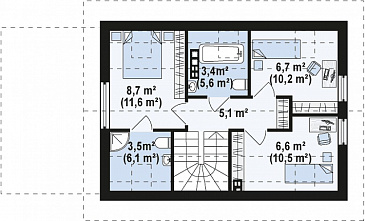 Проект компактного одноэтажного дома из газобетона с ночной зоной на мансардном этаже и с гаражом  / План мансардного этажа