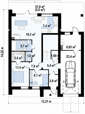 Проект современного двухэтажного дома из газобетона для двух семей, с гаражом и террасой над ним / План 1 этажа