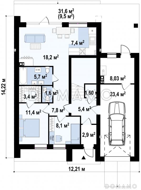 Проект современного двухэтажного дома из газобетона для двух семей, с гаражом и террасой над ним / План 1 этажа