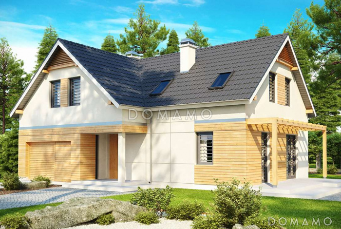 Проект одноэтажного дома из кирпича с угловой мансардой и встроенным гаражом