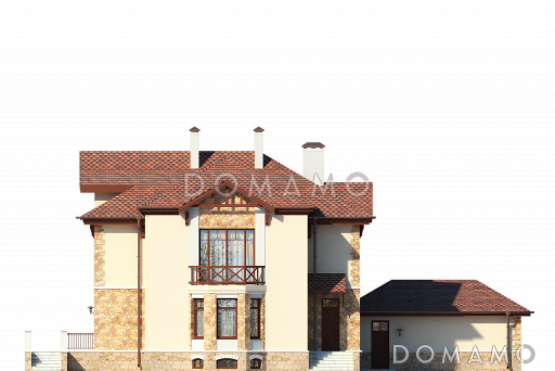 Проект дома с бассейном и просторной комнатой отдыха в цокольном этаже, сауной, гаражом на два автомобиля, открытой террасой, столовой с эркером / Фасад 1