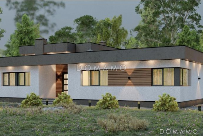 Проект одноэтажного дома с крытой террасой, объединенной кухней-гостиной-столовой, детскими, кабинетом