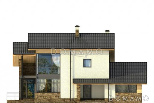 Проект светлого дома с бильярдной и спортзалом в цокольном этаже,  длинным балконом,  панорамными окнами в спальне на мансарде / Фасад 1