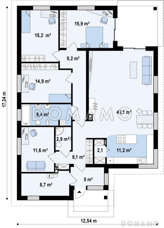 Проект просторного одноэтажного дома из газобетона с кабинетом и тремя спальнями и крытой угловой террасой / План 1 этажа