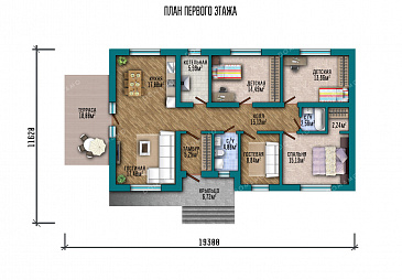 Проект одноэтажного дома с 4 спальнями и открытой террасой / План 1 этажа