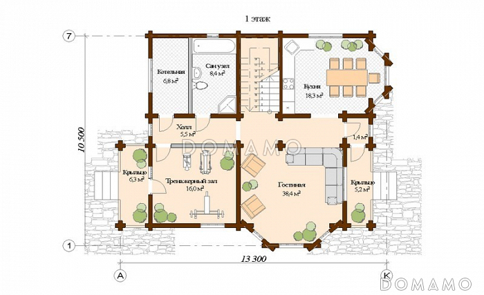 Проект дома из клееного бруса с тренажерным залом на первом этаже / План 1 этажа