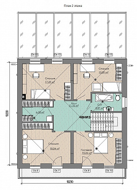 Проект коттеджа с просторной крытой террасой, кабинетом, длинным балконом на мансардном этаже на две спальни / План мансардного этажа