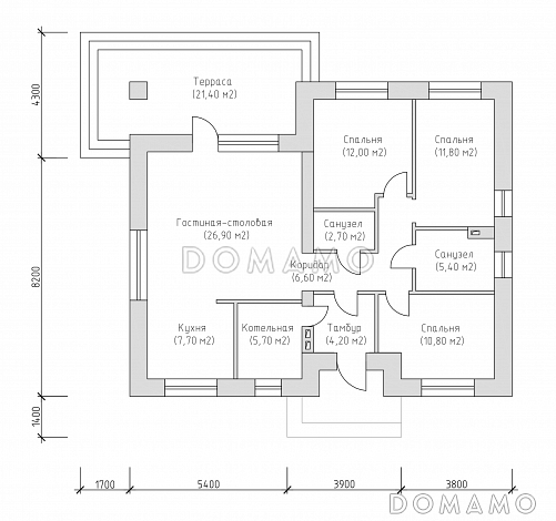 Проект компактного одноэтажного дома по технологии ЛСТК с террасой, с комбинированной отделкой / План 1 этажа