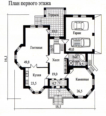 Проект дома из кирпича с необычной в плане каминной комнатой / План 1 этажа