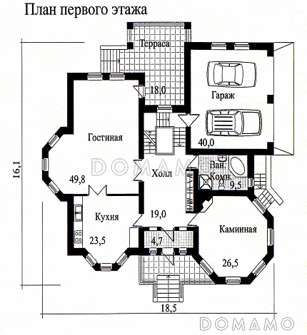 Проект дома из кирпича с необычной в плане каминной комнатой / План 1 этажа