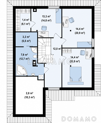 Проект мансардного дома из кирпича с кабинетом, гаражом и техническим помещением / План мансардного этажа
