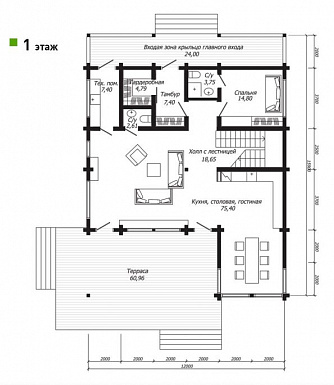 Проект двухэтажного дома из клееного бруса с роскошной террасой / План 1 этажа