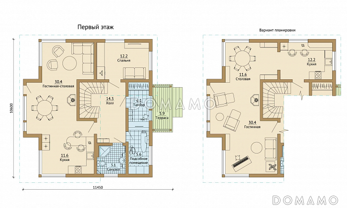Проект современного каркасного дома с эркером и окнами в пол / План 1 этажа