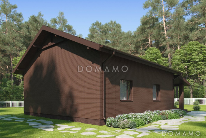 Проект загородного дома с верандой, просторной кухней-столовой, кладовой, жилыми комнатами