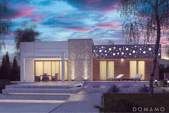 Проект современного одноэтажного дома из газобетона со светлой просторной гостиной и тремя спальнями