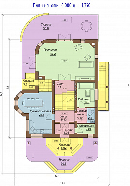 Проект двухэтажного коттеджа с цоколем, с двумя эркерами, балконом и двумя террасами / План 1 этажа