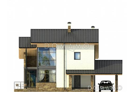 Проект частного дома из СИП панелей с навесом для автомобиля, панорамными окнами в кузне-столовой, длинным балконом на мансардном этаже / Фасад 3