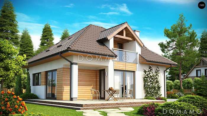 Проект небольшого одноэтажного мансардного дома из кирпича с балконами на фронтоне и частично крытой террасой  