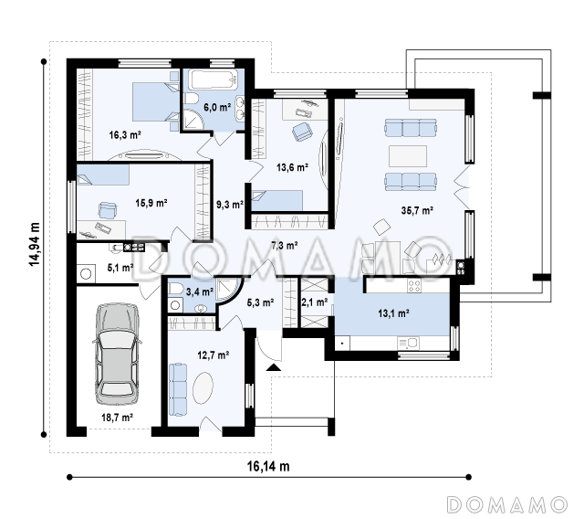 Проект одноэтажного дома из газобетона со свободной планировкой на мансардном этаже и гаражом для одного автомобиля / План 1 этажа