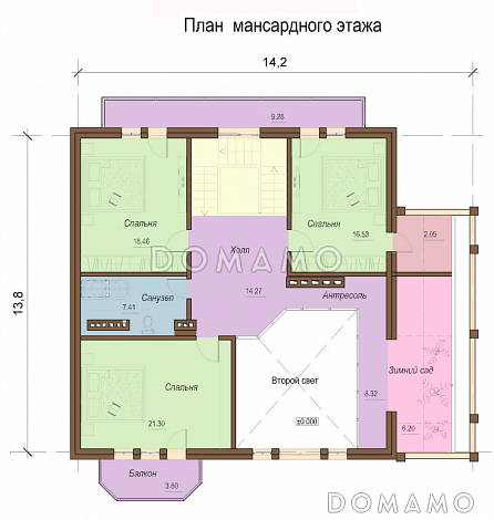 Проект одноэтажного коттеджа с цокольным и мансардным этажами, с зимним садом и вторым светом / План мансардного этажа