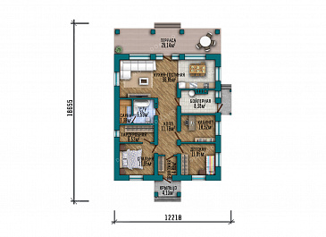 Проект выразительного одноэтажного дома с двухскатной крышей в разных уровнях, большой террасой и вторым светом / План 1 этажа