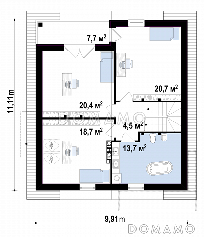 Проект одноэтажного дома из газобетона с мансардным этажом с прямоугольным эркером и балконом / План мансардного этажа