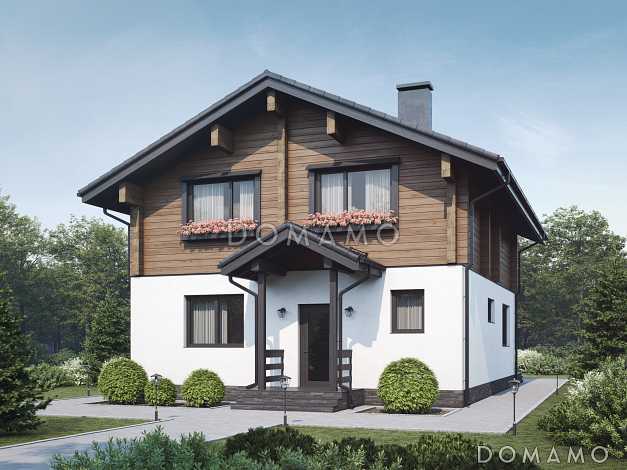 Проект двухэтажного дома из газобетона и бруса с балконом на две комнаты и террасой