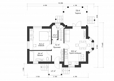 Проект уютного дома с мансардой и террасой / План 1 этажа