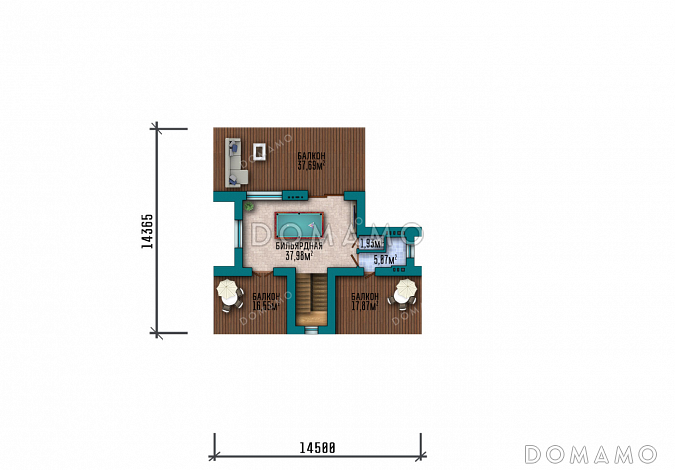 Проект современного особняка с бассейном, бильярдной и открытыми балконами на третьем этаже / План 3 этажа