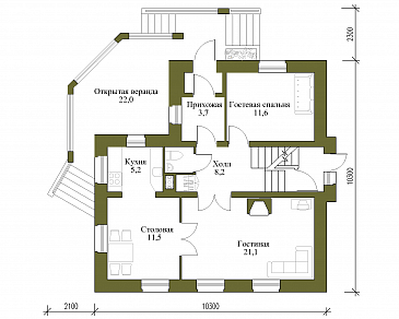 Проект просторного коттеджа из газобетона с террасой / План 1 этажа