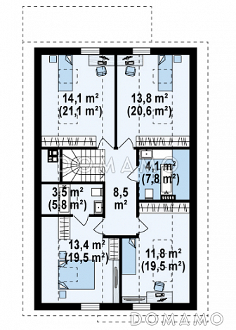 Проект одноэтажного мансардного дома из газобетона с кабинетом,  гаражом и четырьмя спальнями / План мансардного этажа
