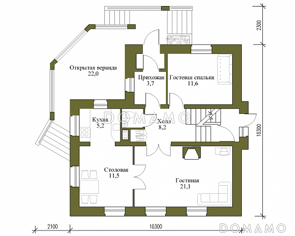 Проект просторного коттеджа из газобетона с террасой / План 1 этажа