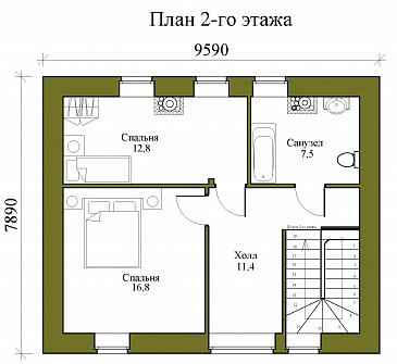 Проект двухэтажной бани с двумя спальнями и кухней-гостиной / План 2 этажа