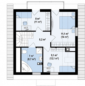 Проект загородного дома из газобетона с тремя спальнями на мансардном этаже / План мансардного этажа