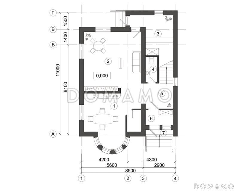 Проект компактного дома с полукруглым эркером / План 1 этажа