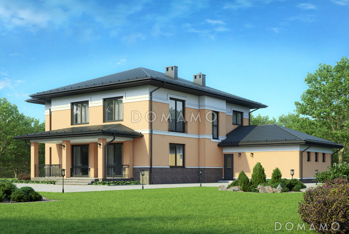 Проект двухэтажного дома с вместительным гаражом для двух авто