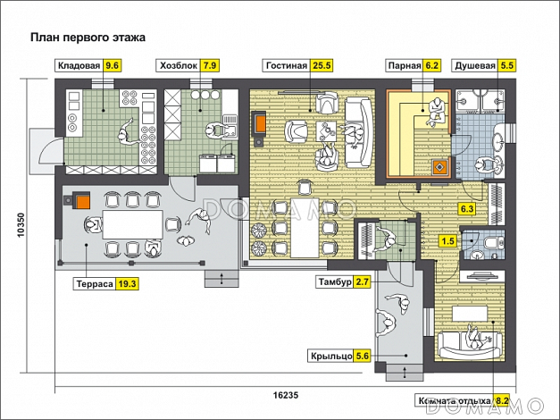 Проект одноэтажного дома по технологии ЛСТК с крытой террасой с барбекю, кладовой, хозблоком, гостиной с камином, парной и комнатой отдыха / План 1 этажа