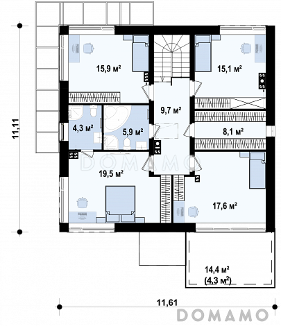 Проект двухэтажного кирпичного дома с 4 спальнями, подвалом и гаражом на 2 автомобиля / План 2 этажа