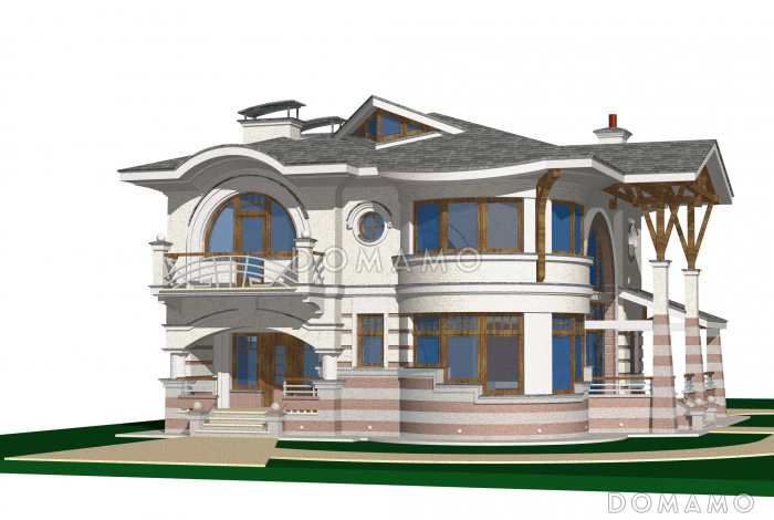 Проект коттеджа с двусветной гостиной и бассейном с сауной