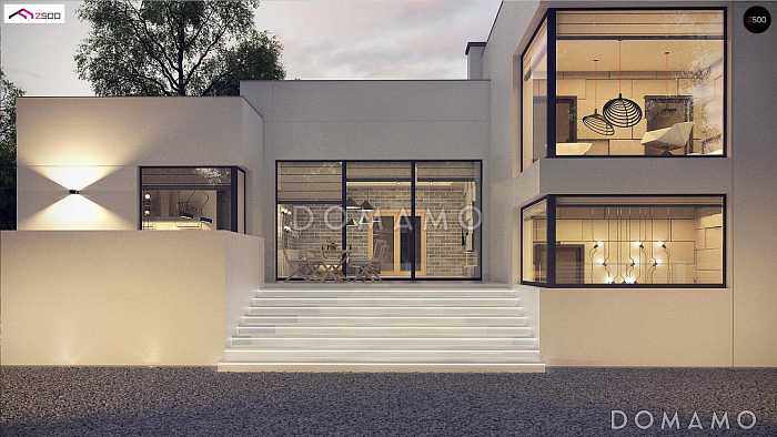 Проект современного трёхуровнего дома из кирпича с плоской крышей, с большим гаражом, спортзалом и сауной