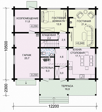 Проект комфортабельного дома из бруса с гаражом и изящной террасой / План 1 этажа