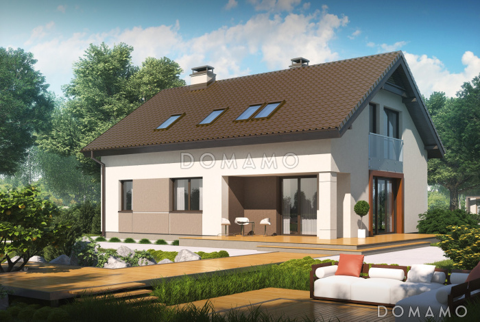 Проект одноэтажного мансардного дома из газобетона с просторной светлой гостиной