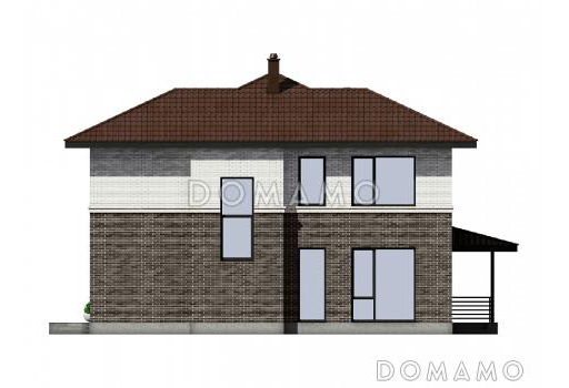 Проект двухэтажного дома с широким крыльцом, отдельным блоком для гостей, террасой / Фасад 4