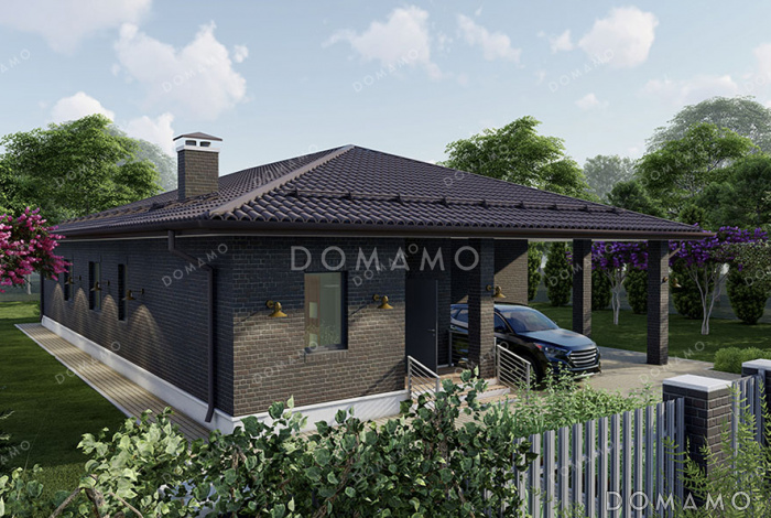 Проект одноэтажного дома с мастер-спальней, кабинетом и навесом для автомобиля