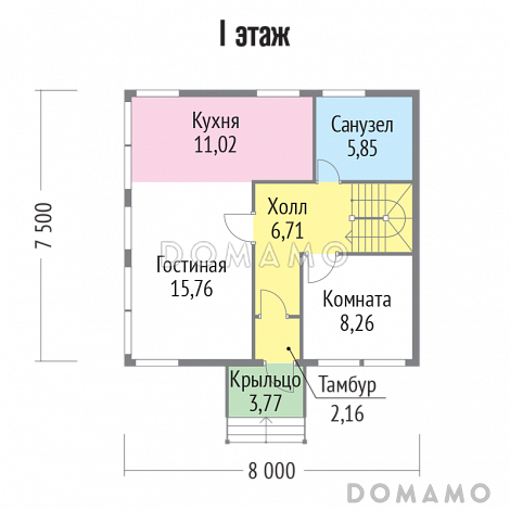 Проект двухэтажного каркасного дома с окнами в пол / План 1 этажа