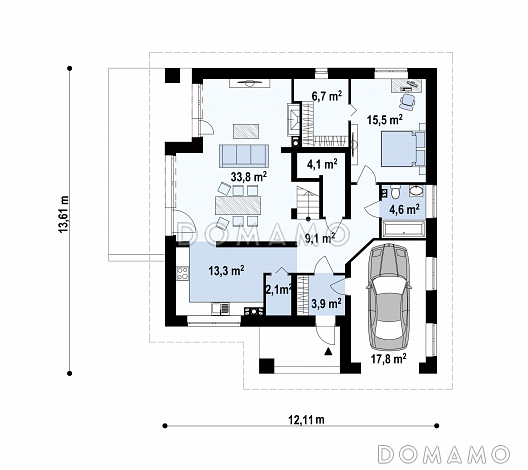 Проект мансардного дома из кирпича с четырьмя спальнями, необычным мансардным окном и гаражом / План 1 этажа